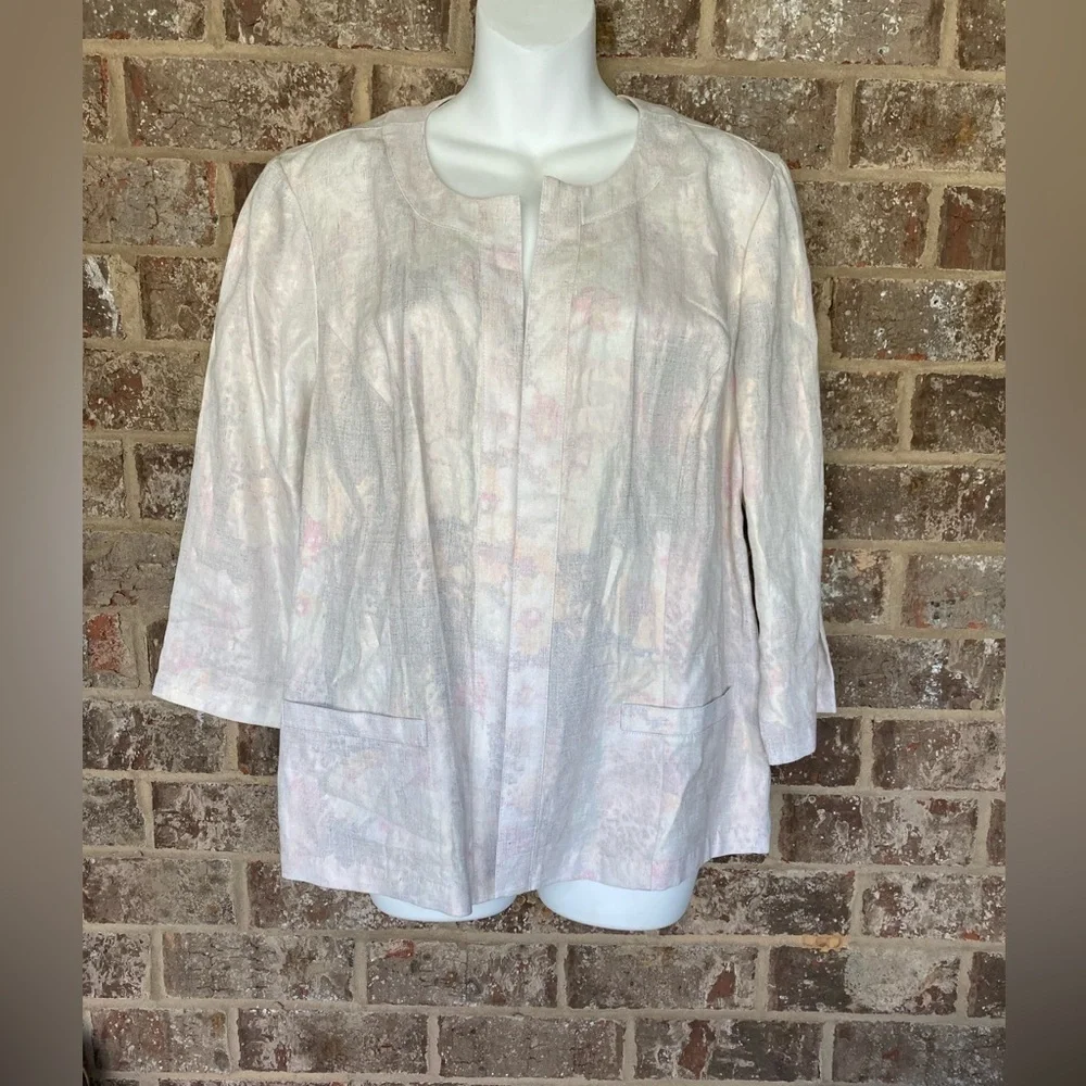 Chico’s Linen Open Front Blazer Size L hints green pink 3/4 sleeve Minimalist